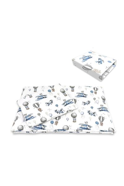 MimiNu Lenjerie patut cu 3 piese, MimiNu, Cu cearceaf 120x60 cm, Bumbac, Blue Plane