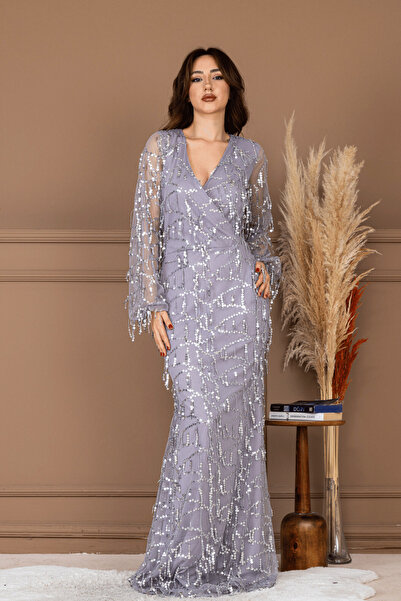 BEYBOS Pul Saçaklı Tasarım Elbise - GRİ