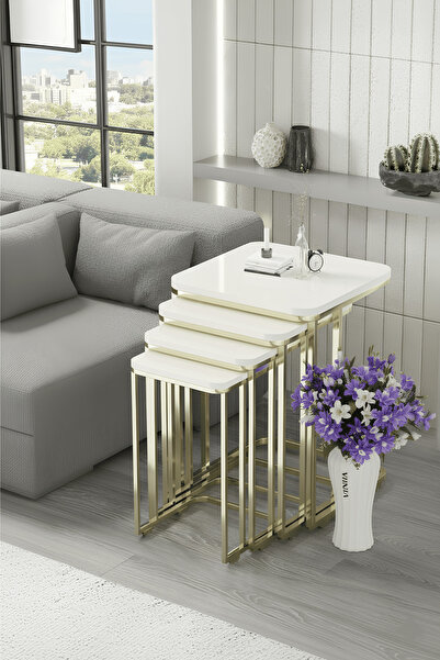 VIONA HOME Volir 4'Lü Tekerlekli Gold Metal Zigon Sehpa & Yan Sehpa