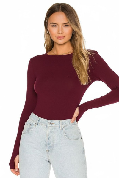 Bliss Women's Plain Crew Neck Finger Detail Bodysuit
