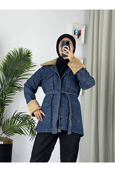 Esre Store 81185 - معطف حجاب مزين بالفرو باللون الأزرق الداكن