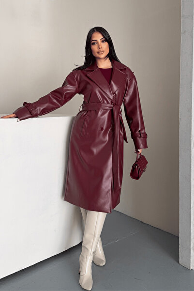 BEYBOS سترة قصيرة من قماش الجلد الصناعي - أحمر داكن