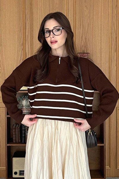 Ceylan Otantik Πλεκτό πουλόβερ με ρίγες σε καφέ χρώμα