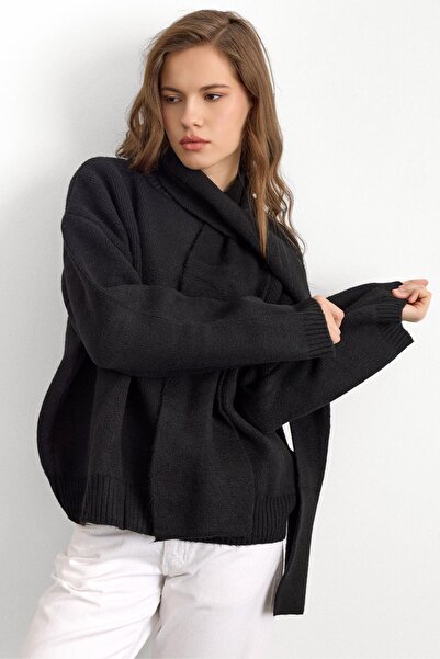 Olcay guler rotund Pulover gros și lejer negru 8280