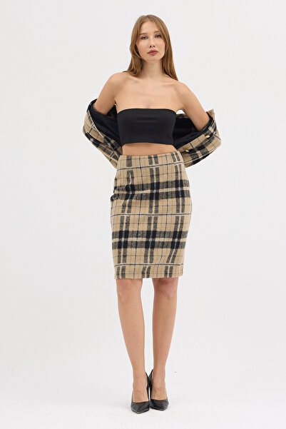 Laranor Desen2 Beige Cotton Plaid Fabric Zippered Pencil Skirt Daytime - Evening Chic 25L8142