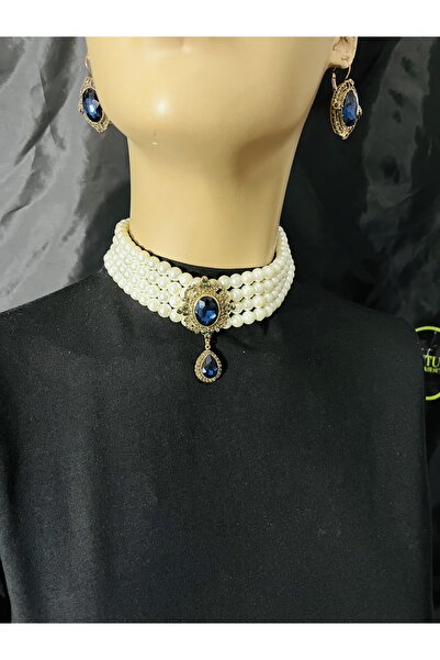 ZEYTUN AKSESUAR Vintage Pearl Necklace & Earring Set – 4 Rows of Glass Pearls, Special Occasion Jewelry Set with Stones