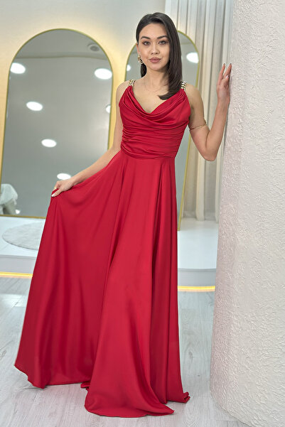 zks grup tekstil Women's Gold Strap Draped Satin Slit Evening Dress Burgundy, Green, Purple, Black, Navy Blue, Saks, Rose K.