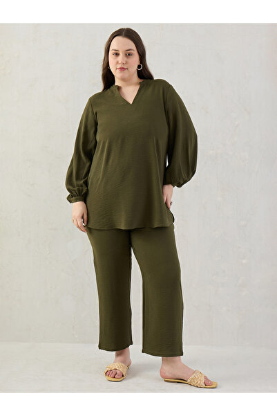 Femmella By Styli Plus Size Olive Longline Tunic and Pants Co-Ords