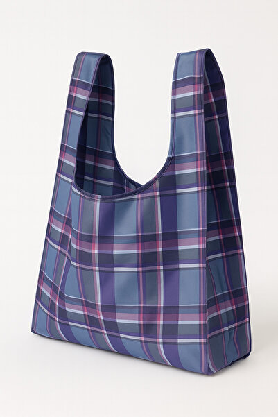 PUREYSMA Kareli Lacivert-Mor Katlanabilir Bez Alışveriş Çantası – Suya Dayanıklı ve Kılıflı