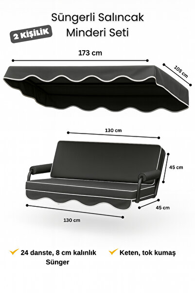 zishtekstil Keten Kumaş Süngerli Gölgelikli 2 Kişilik Salıncak Minderi 8 cm