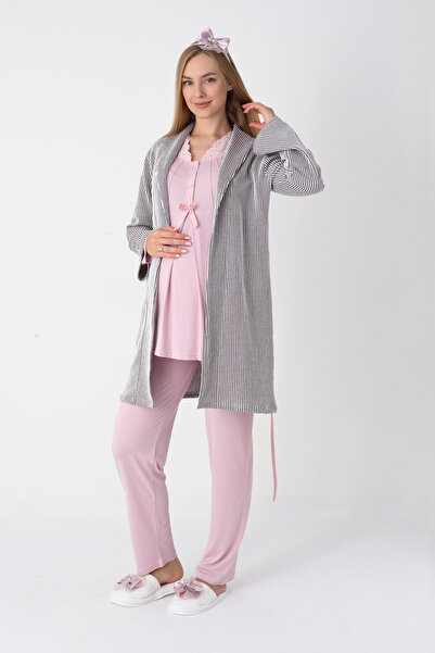 ERDENİZ TEKSTİL Maternity and Pregnancy Pajamas and Jacquard Striped Robe Set Front Buttoned Long Sleeve Sleepwear 3-Piece Set