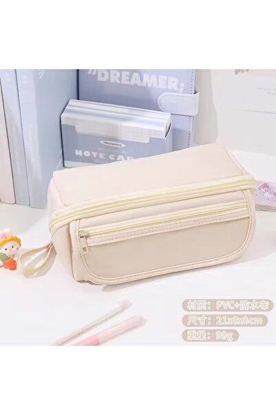 synshop Kawaii Cream Color Korean Multi-Compartment Large Capacity Pen Holder Pencil Case Organizer Makeup Bag