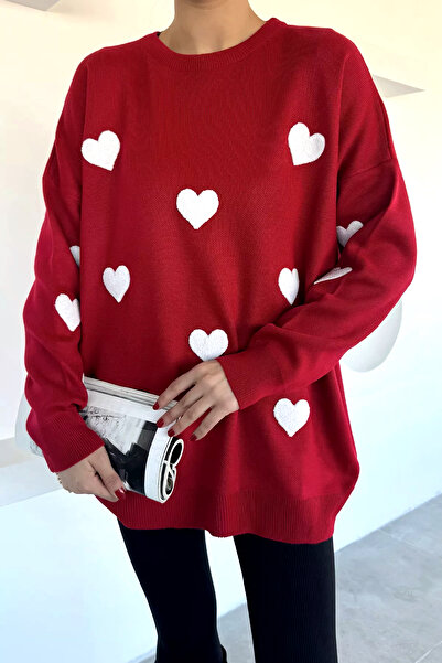 Jose Clothing Pulover de damă, alb, cu broderie de inimă, cu croiala supradimensionată