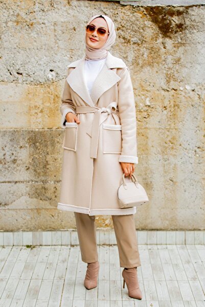 Tesettür Çarşım Yün Kaplamalı Deri Kaban-Bej