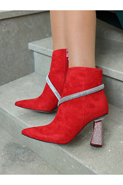 EVASAMLİSHOESBAG Silver Taş Yatay Zincirli Topuklu Bot Kırmızı