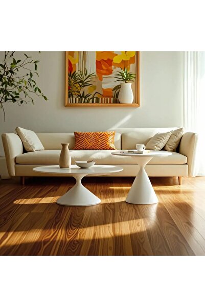 ESMART Set of 2 Round White Coffee Table 70cm+50cm, Solid Wood Tops & Carbon Steel Base