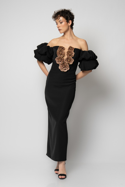 RENGIN Göğsü sıralı çiçekli balon kollu krep abiye elbise