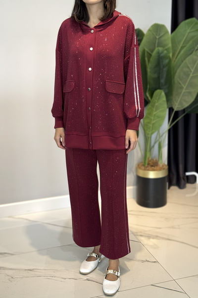 Lale Butik Stone Detailed Hooded Modal Suit 120261 Claret Red