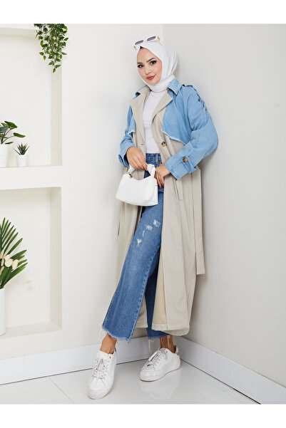 EFSUN MODA KADIN DENİM ( KOT ) DETAYLI TRENÇKOT ASTARSIZ