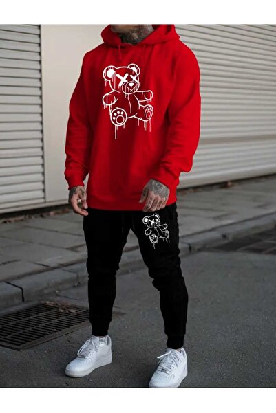 ORVIO Group Men's Graffiti Teddy Bear Printed Hooded Tracksuit Set