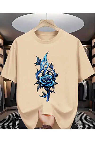 ORVIO Group Men's Blue Flame Rose Printed T-Shirt