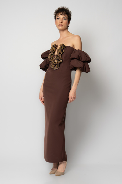 RENGIN Göğsü sıralı çiçekli balon kollu krep abiye elbise