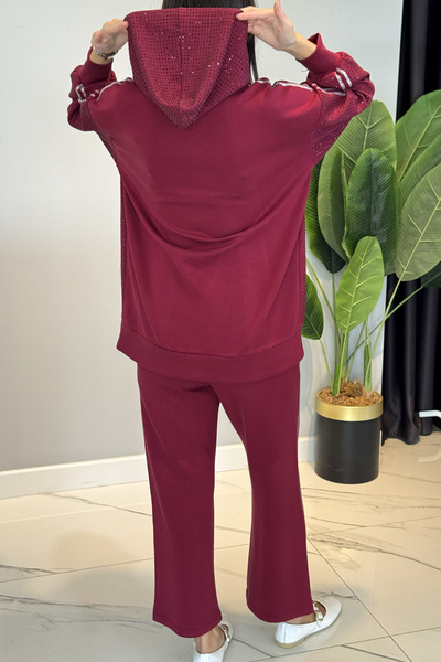 Lale Butik Stone Detailed Hooded Modal Suit 120261 Claret Red