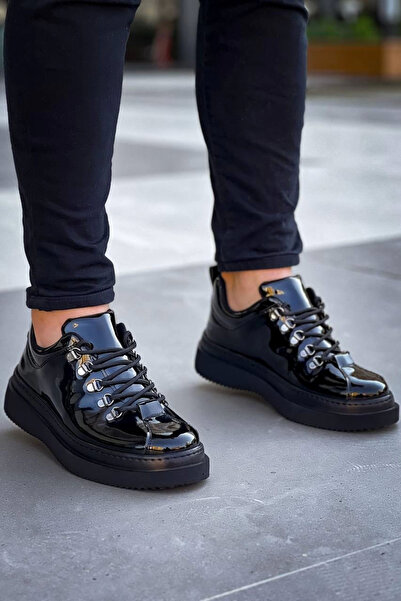 Zerenyus Zrk-X4 Black Patent Leather High Sole Lace-Up Casual Men's Sneaker