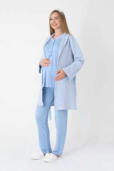 ERDENİZ TEKSTİL Lohusa ve Hamile Pijama ve Jakarlı Çizgili Sabahlık Takımı Önü Düğmeli Uzun Kollu Pijama 3'lü Takım