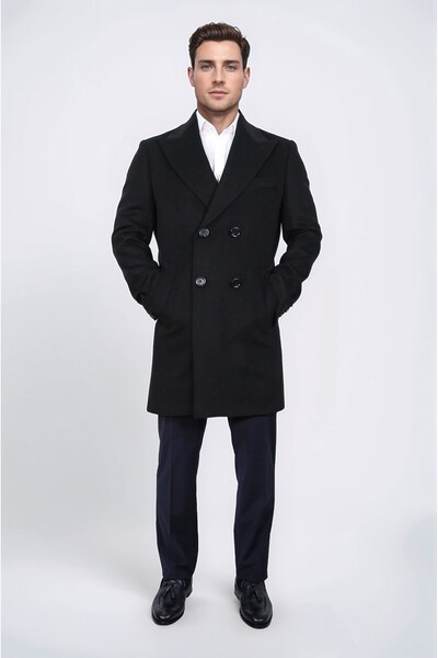 Velvarde معطف أسود مصنوع من مزيج الصوف والكشمير بياقة مدببة مزدوجة الصدر