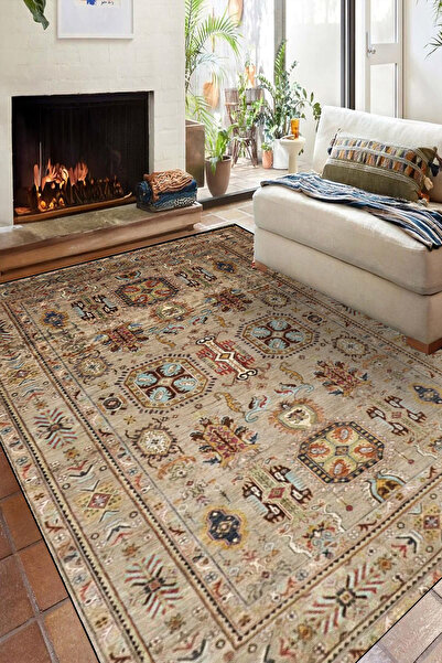 KONUKHOUSE Afgan Halısı Vintage El dokuma Görünümlü Dekoratif İnce Kaymaz Dot...