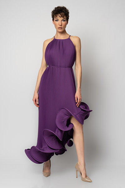 RENGIN Etek ucu volanlı komple piliseli krep abiye elbise