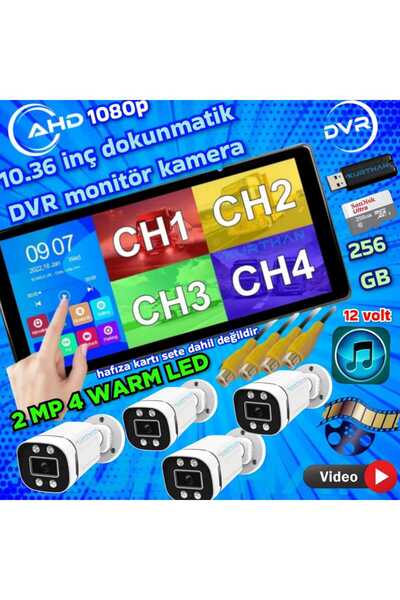 Twogo 4 ADET AHD 2MP WARM LEDLİ KAMERA DVR DOKUNMATİK 10.36 İNÇ MONİTÖR 12 VO...