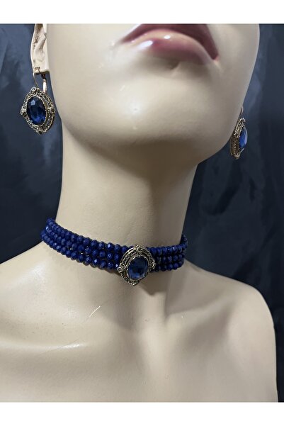 ZEYTUN AKSESUAR Vintage Crystal Stone Necklace & Earring Set – Special Occasion Jewelry Set with 3 Rows of Crystal Stones