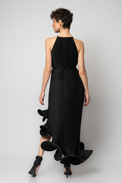 RENGIN Etek ucu volanlı komple piliseli krep abiye elbise