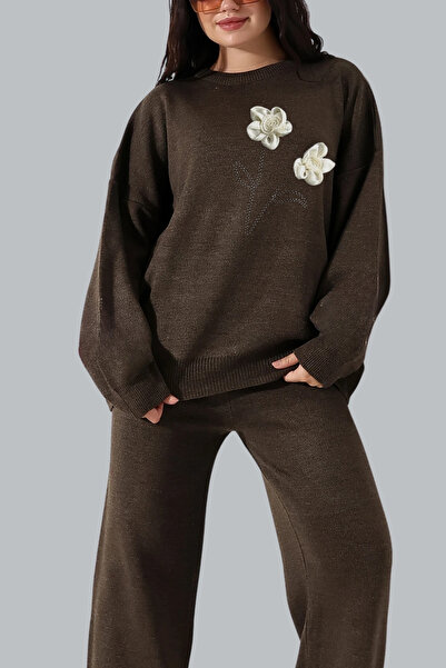 mefru Women's Sweater Trousers Rose Detailed Bottom Top Double Knitwear Set