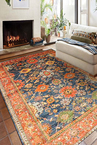 KONUKHOUSE Turuncu Afgan Halısı Vintage El dokuma Görünümlü Dekoratif İnce Ka...