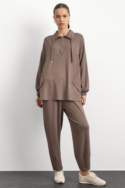 Olcay Πλεκτό σετ φούτερ με φερμουάρ και λεπτομέρεια κούπας VİZON 9385-TK