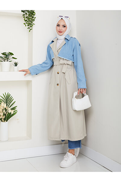 EFSUN MODA KADIN DENİM ( KOT ) DETAYLI TRENÇKOT ASTARSIZ
