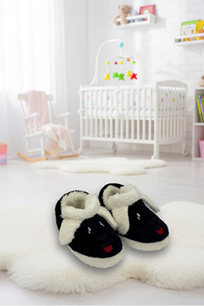 Butik Black Fleece-Lined Children'S/Baby Slippers with Dog Figure