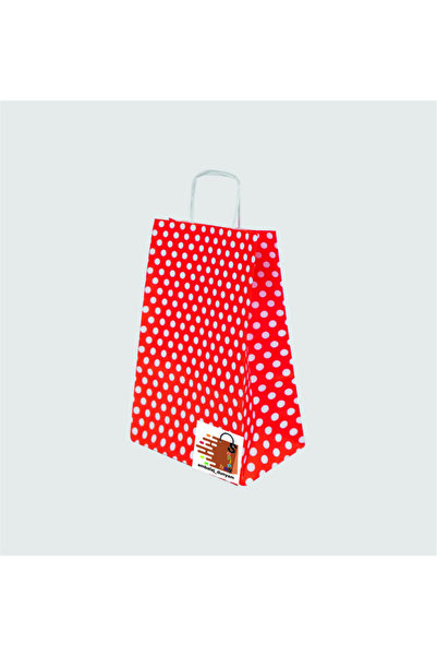 AMBALAJDÜNYAM Kırmızı Puantiyeli Yılbaşı Kraft Burgu Saplı Hediye Poşeti / Çantası (25x12x31) - 10 adet - Orta Boy