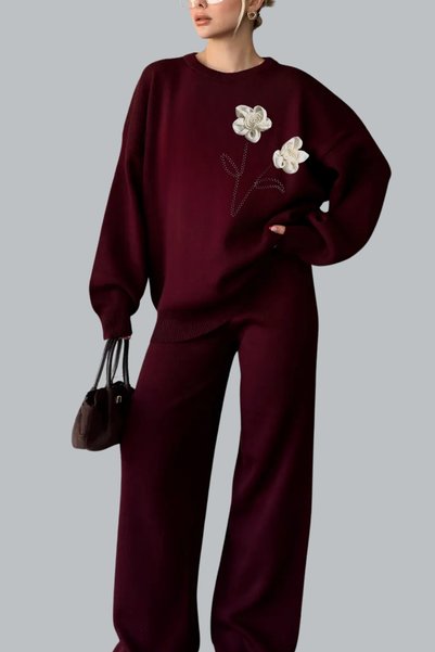 mefru Women's Sweater Trousers Rose Detailed Bottom Top Double Knitwear Set