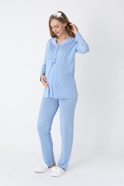 ERDENİZ TEKSTİL Lohusa ve Hamile Pijama ve Jakarlı Çizgili Sabahlık Takımı Önü Düğmeli Uzun Kollu Pijama 3'lü Takım