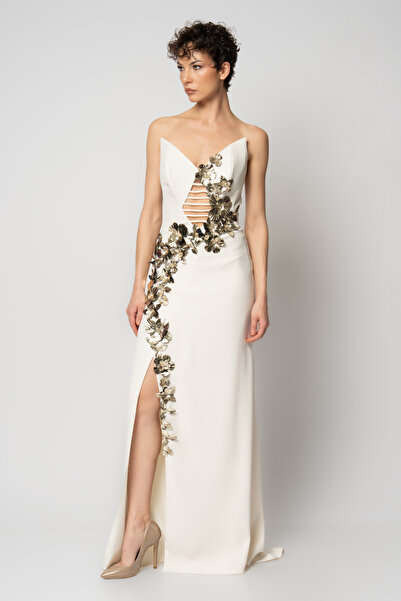 RENGIN Yakadan etek ucuna rugan çiçekli krep abiye elbise