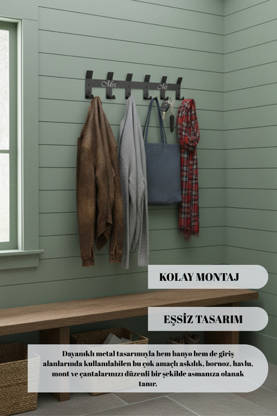 Grandmix Modern Metal Tasarım 5'li Mrs. & Mr. Duvar Askılığı 44x10x4 cm