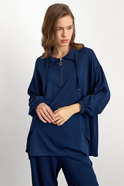 Olcay Knitted Sweat Suit with Zipper and Cup Detail Dark Blue 9385-Tk