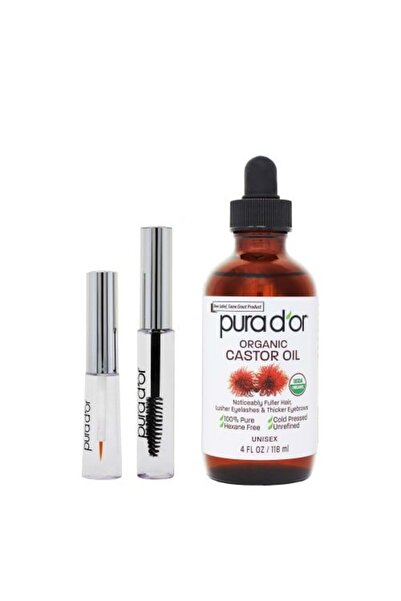 Pura D'or زيت الخروع العضوي 100% - زيت الخروع العضوي النقي مع مجموعة فرشاة إض...