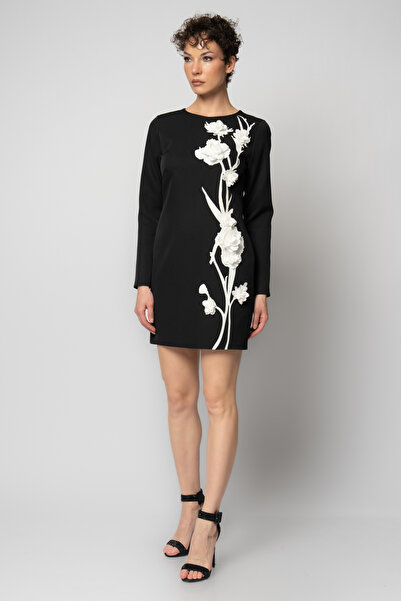 RENGIN Tek taraf dallı çiçek desenli uzun kollu krep abiye elbise