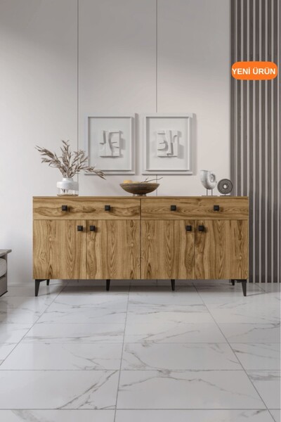 mapahomeliving Livia Konsol – 180 cm Ceviz 4 Kapaklı 2 Çekmeceli Modern Konsol