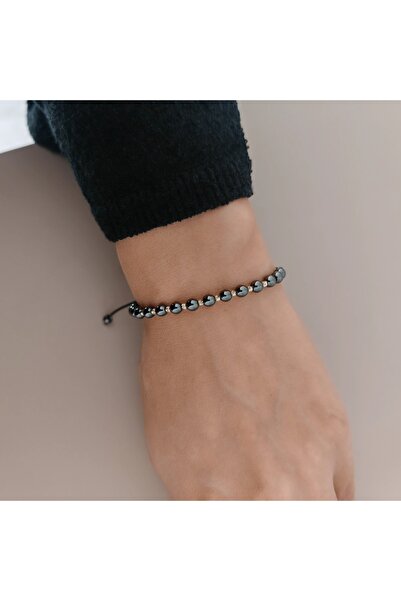 iNGRiKO 14k Gold Bracelet with Adjustable Cord, Gold Balls and Gray Hematite 4mm